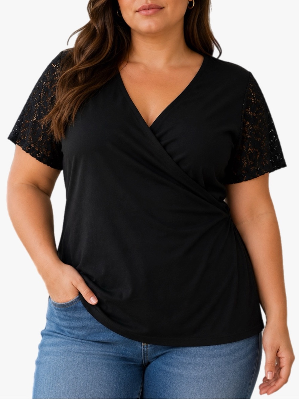 Cato NWT Plus Size 18/20 Black V Neck Wrap Blouse Lace Sleeve